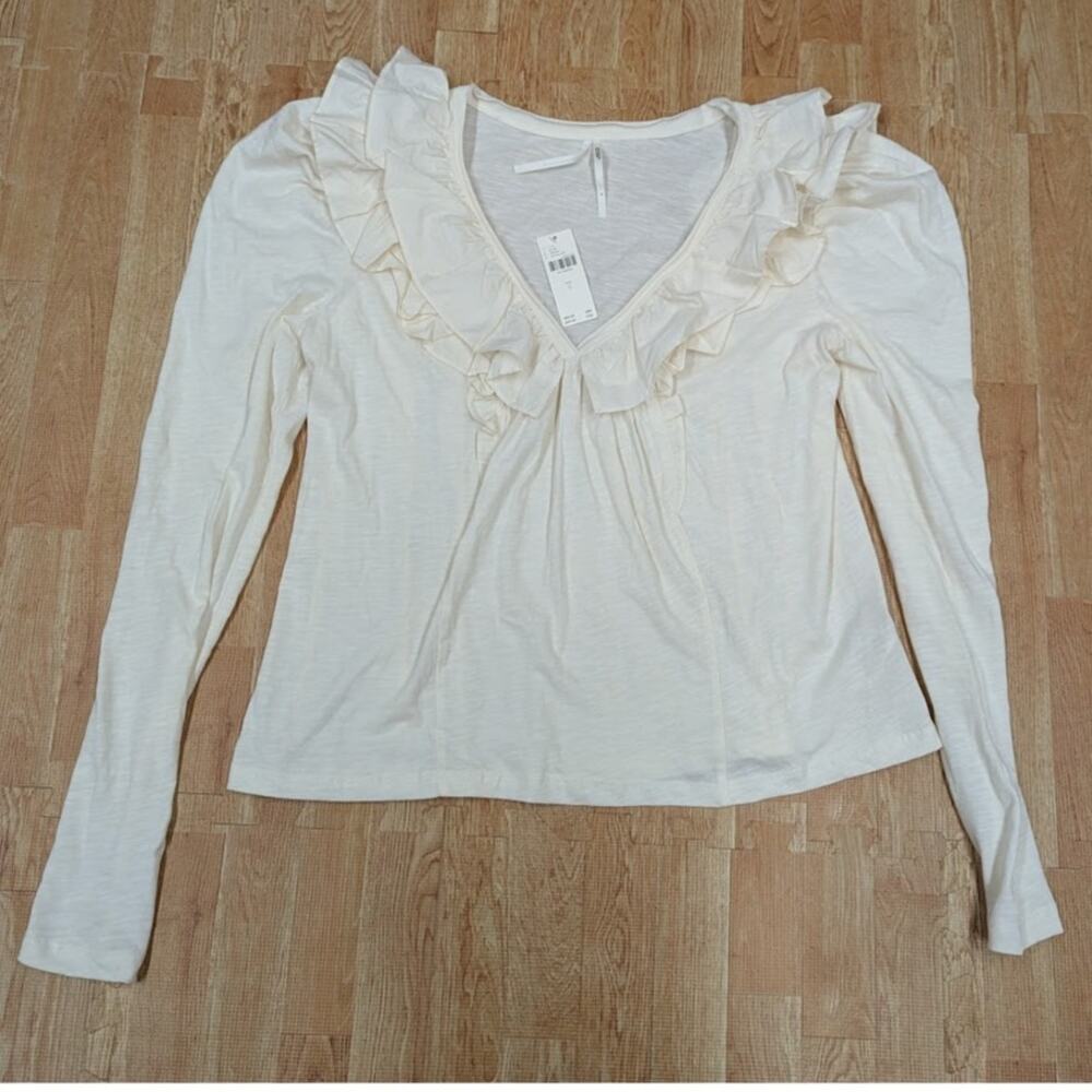 NEW Anthropologie Ruffle Peasant Blouse Womens long sleeve cream white top Sz S
